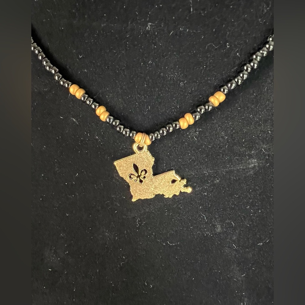 Gold and Black Necklace with State-Shaped Pendant